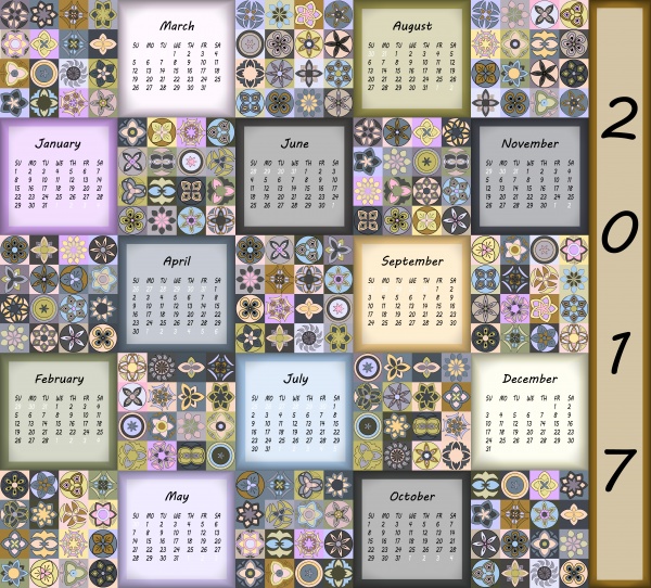 Calendar 2017, vintage decorative colorful elements (20 )