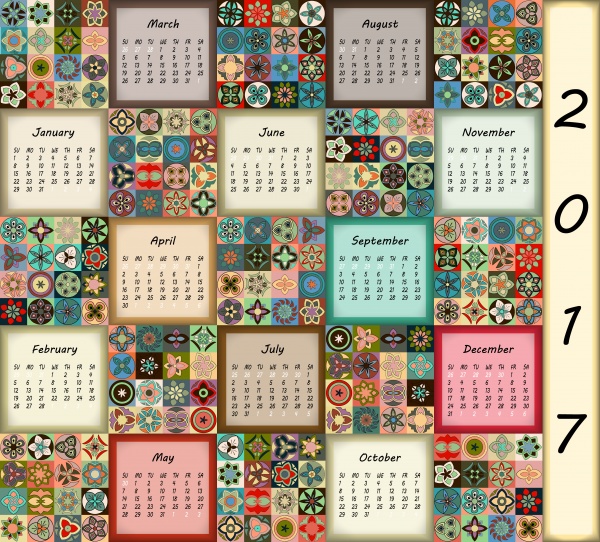 Calendar 2017, vintage decorative colorful elements (20 )