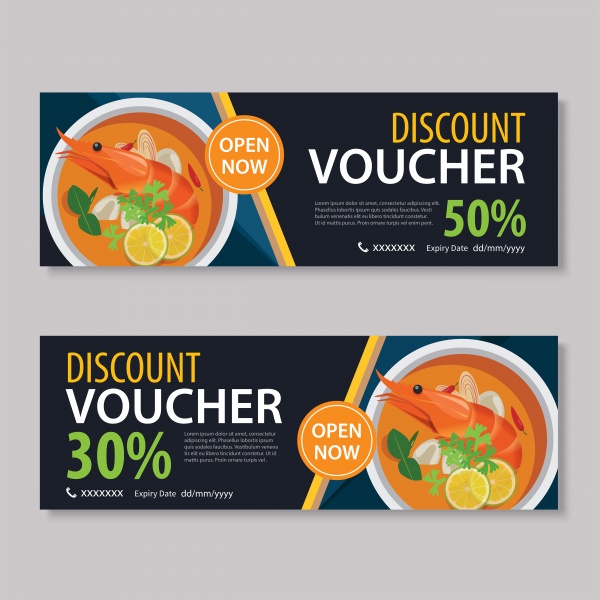 Discount voucher template and various food on wooden background (24 )