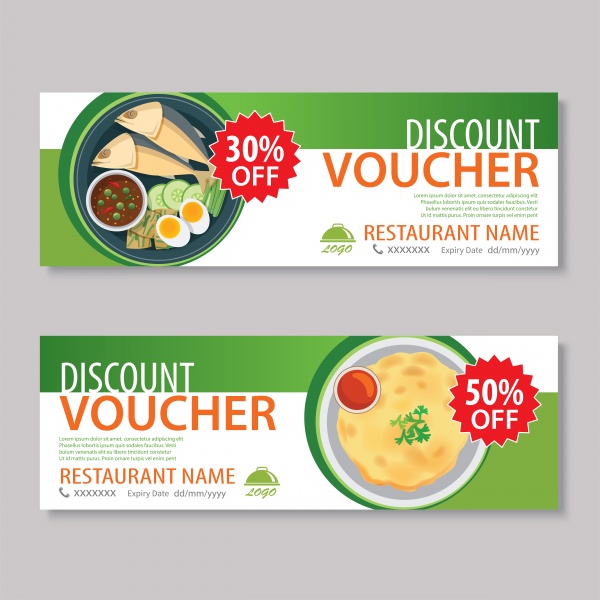 Discount voucher template and various food on wooden background (24 )