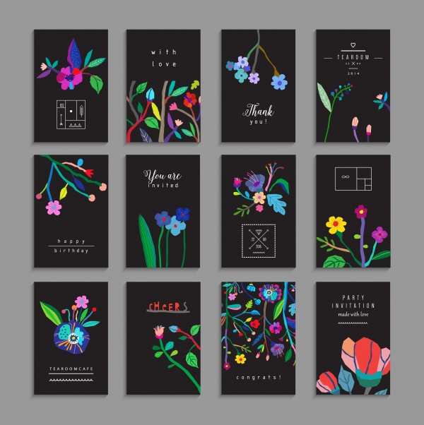 Black Cards with Flowers Vector (10 )
